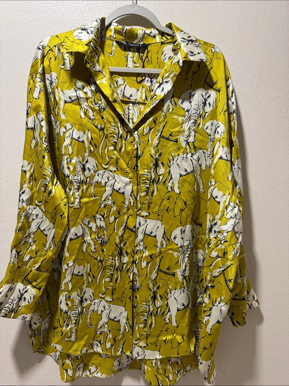 Zara Mustard Yellow Elephant Print Button-Down Shirt